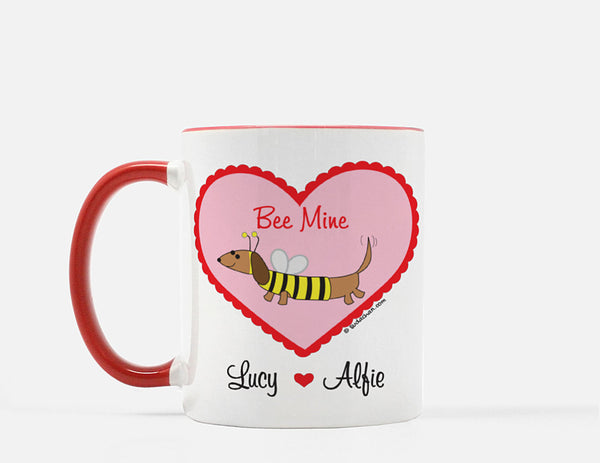Dachshund Bee  in Heart Valentine's Day Personalized Red White Ceramic Mug.