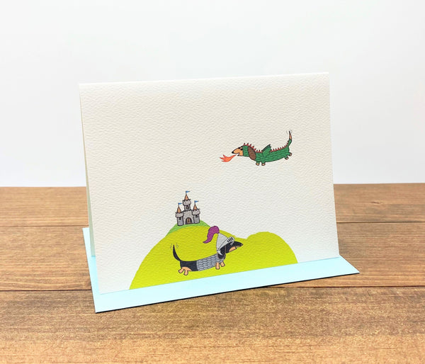 Medieval dachshunds dressed as knight and dragon note cards.