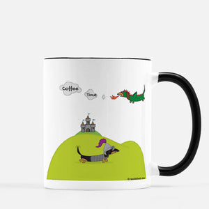 Dachshund Dragon and Knight Ceramic Mug Coffee Time Message in Smoke