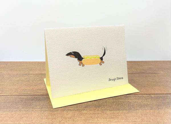 Black and tan dachshund hot dog personalized folded note card.