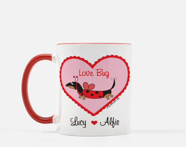 Personalized Dachshund Ladybug Love Bug Red White Ceramic Mug