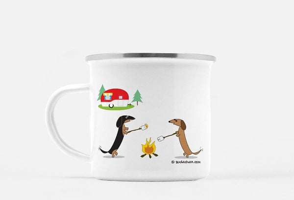 two dachshunds by campfire enjoying camping Rving tin coffee mug