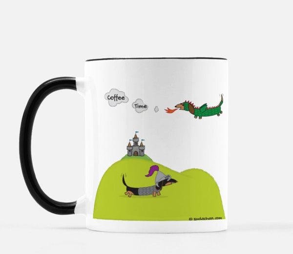 Dachshund Dragon and Knight Ceramic Mug Coffee Time Message