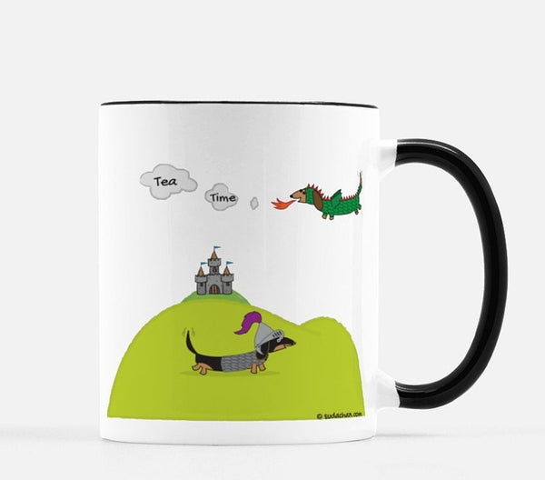 Dachshund Dragon and Knight Ceramic Mug, Tea Time Message
