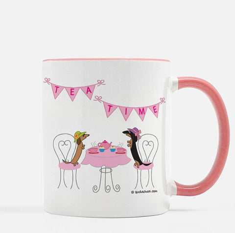 Dachshund Pink Tea Party Pink and White Ceramic Mug