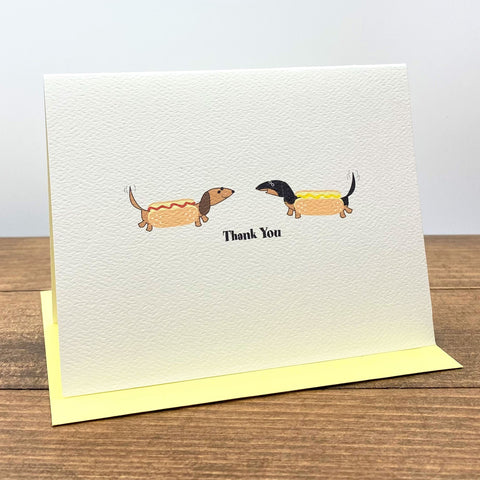Two dachshunds dressed as hot dogs thank you cards.