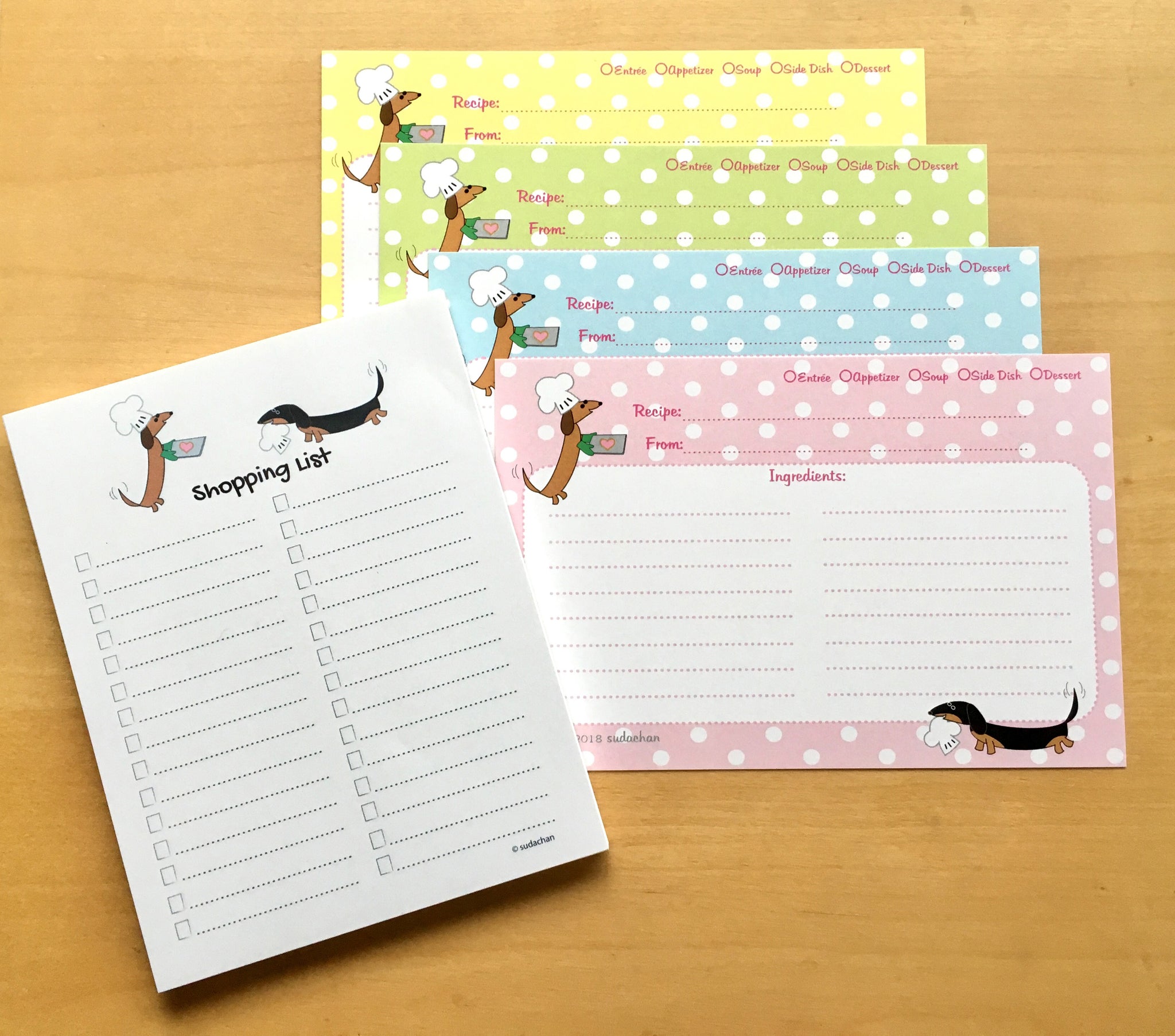 Dachshund chefs recipe cards in four different colors.  This set comes with a dachshund chefs list notepad