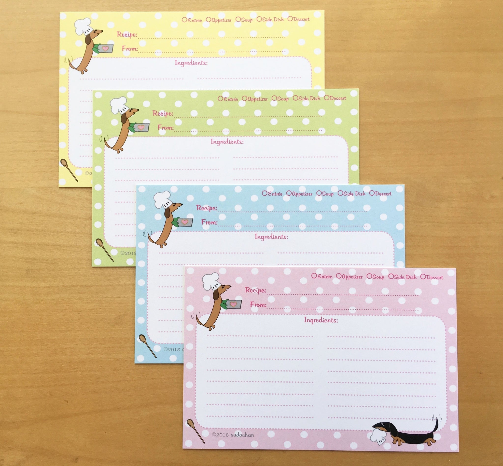 Dachshund chefs recipe cards in four different colors.  