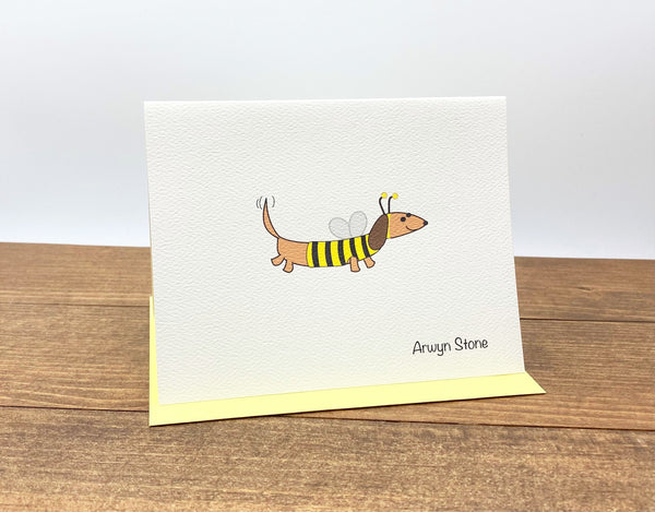 Dachshund dressed as bumble bee note cards, with personalized text.