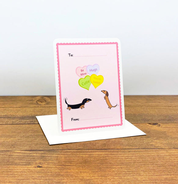Two dachshunds Valentine's Day Flat Cards with Heart Candy.