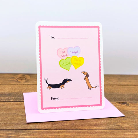 Two dachshunds Valentine's Day Flat Cards with Heart Candies.
