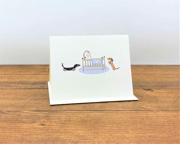Two dachshunds with crib unique personalized  baby note cards by Sudachan.