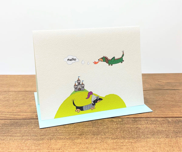 Medieval dachshunds dressed as knight and dragon hello note cards.